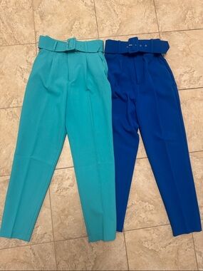 Zara High-Waist Belted Tapered Pants - Teal and Royal Blue